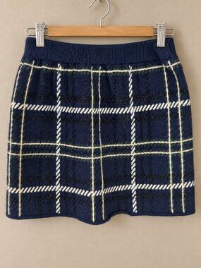 Navy Plaid Knit Skirt with Ribbed Waistband